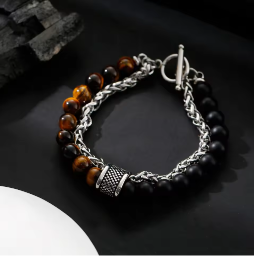 HNSP Rosary Beads Tiger Eye Stone Stainless Steel Hand Chain Splicing Bracelet For Men Protect Jewelry Accessories Male