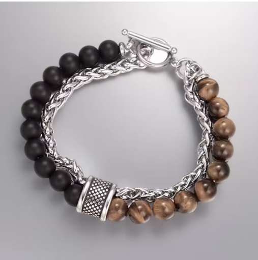 HNSP Rosary Beads Tiger Eye Stone Stainless Steel Hand Chain Splicing Bracelet For Men Protect Jewelry Accessories Male