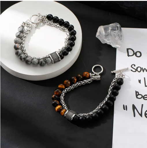 HNSP Rosary Beads Tiger Eye Stone Stainless Steel Hand Chain Splicing Bracelet For Men Protect Jewelry Accessories Male