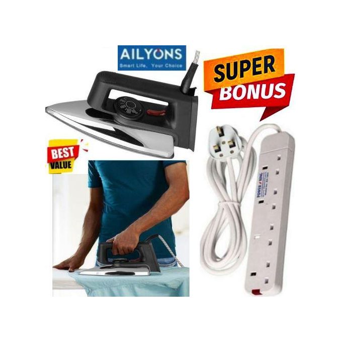 AILYONS ELECTRIC DRY IRON BOX 1000W // IronBox // IRONING BOX WITH ADJUSTABLE TEMPERATURE CONTROLLER KNOB PASI FOR MEN'S OFFICIAL SUITS AND TROUSERS , SHIRTS + 4 WAY EXTENSION// EXTENTION POWER CABLE