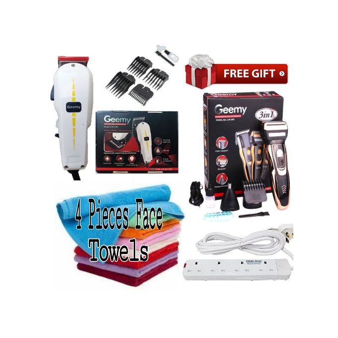 Geemy Electric Hair Trimmer Barbering Machine - Kinyozi + Free Professional 3 in 1 hair Clipper Wireless/Cordless & 4 Way Power Extension Cable & 4 Pieces Face Towels