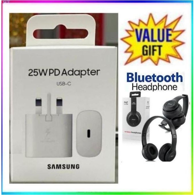 Samsung 25W Faster Charger type C to C Adapter for Galaxy A15,A25,A05S With type C Output (HEADER ONLY) +Bluetooth Headphones