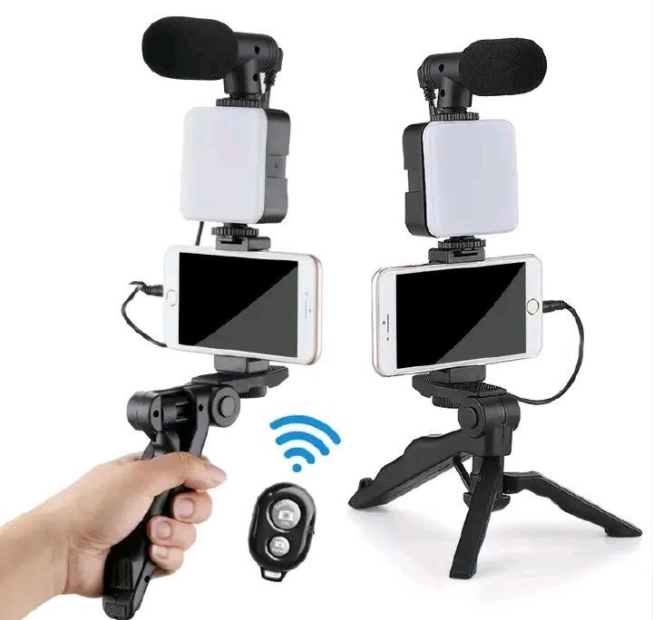 Camera Video Recording Vlogging Kit for Video Making, Mic, Mini Tripod Stand, LED Light & Phone Holder Clip for Making Videos Podcasting Black