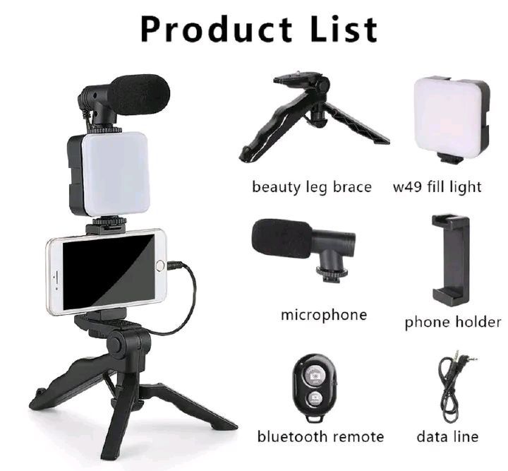 Camera Video Recording Vlogging Kit for Video Making, Mic, Mini Tripod Stand, LED Light & Phone Holder Clip for Making Videos Podcasting Black