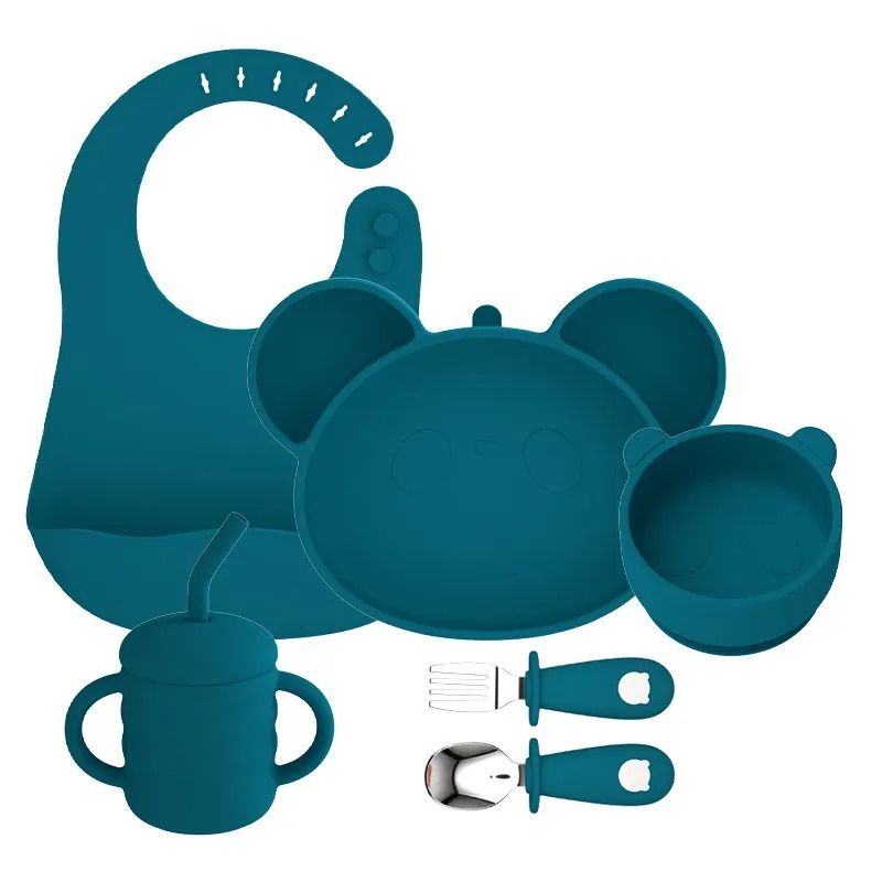 Baby Cat Non-slip Suction Kids Dining Silicone Baby Bowl Plate Cup Bib Spoon Children Weaning Baby Feeding Set kids silicone feeding set