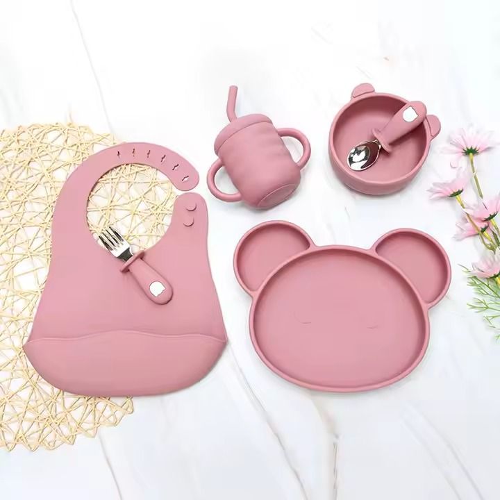 Baby Cat Non-slip Suction Kids Dining Silicone Baby Bowl Plate Cup Bib Spoon Children Weaning Baby Feeding Set kids silicone feeding set