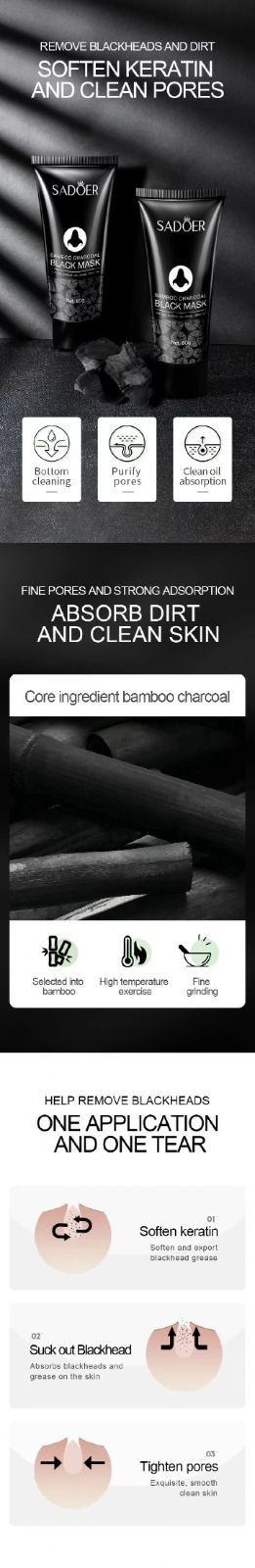 SADOER Bamboo Charcoal Blot Nose Mask gently clean Strong and effective bamboo charcoal suction blackhead nasal mask care 60g, remove blackheads, and clean the face                                   .