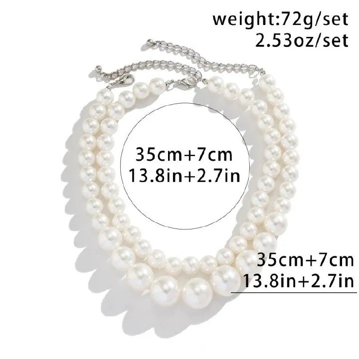 2PCS Pearl Necklace Lady Retro Exaggerated Collarbone Imitation Pearl Bead Temperament Double-layer Women Necklace Jewelry Set                                                                         .