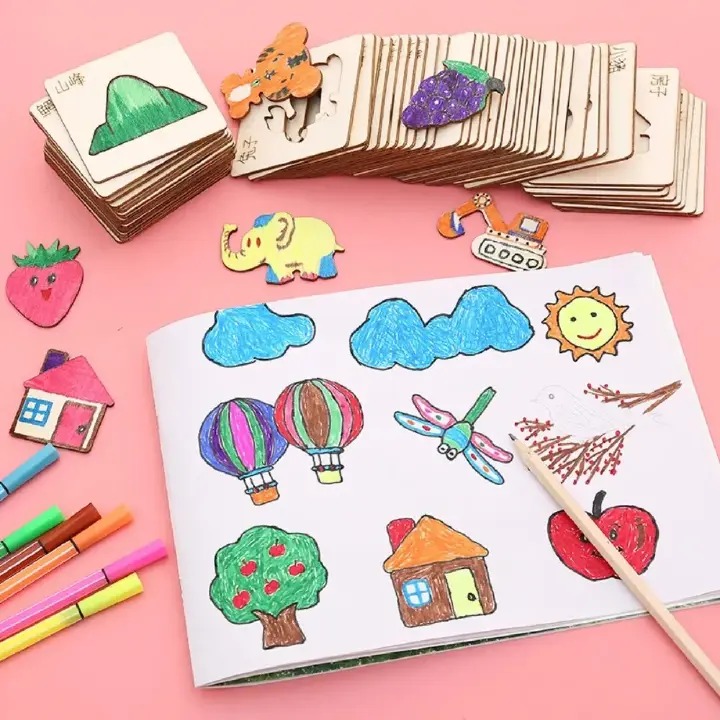20pcs Montessori Kids Toys Drawing Toys Wooden DIY Painting Template Stencils Learning Educational Toys for Children Gift                                                                              .