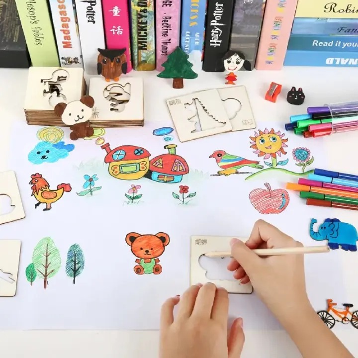 20pcs Montessori Kids Toys Drawing Toys Wooden DIY Painting Template Stencils Learning Educational Toys for Children Gift                                                                              .