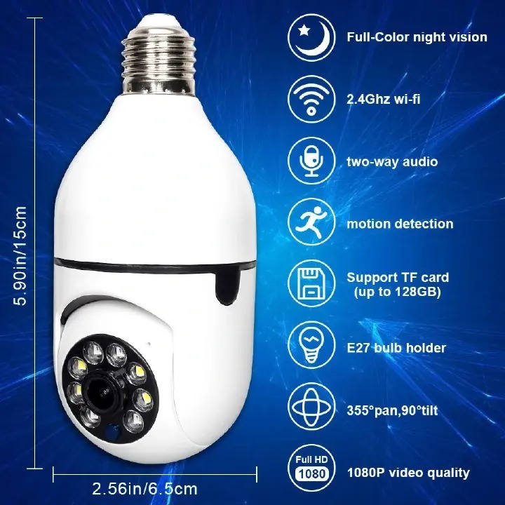 One factory 2.4G WiFi Bulb Surveillance Camera Home CCTV Hidden Cameras Real Night Vision Full Color Automatic Human Tracking Zoom Indoor Security Monitor Wifi Camera                                 .