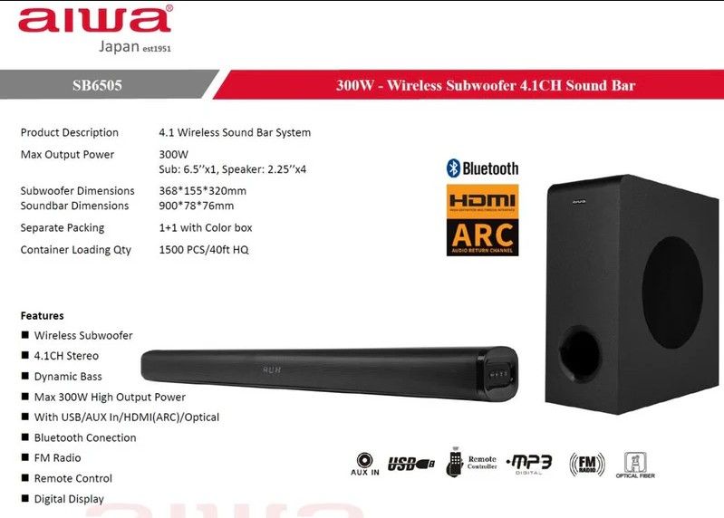 AIWA SB-6505 WIRELESS 4.1-CHANNEL SOUNDBAR SYSTEM – 300 W TOTAL OUTPUT, MULTI-INPUT
