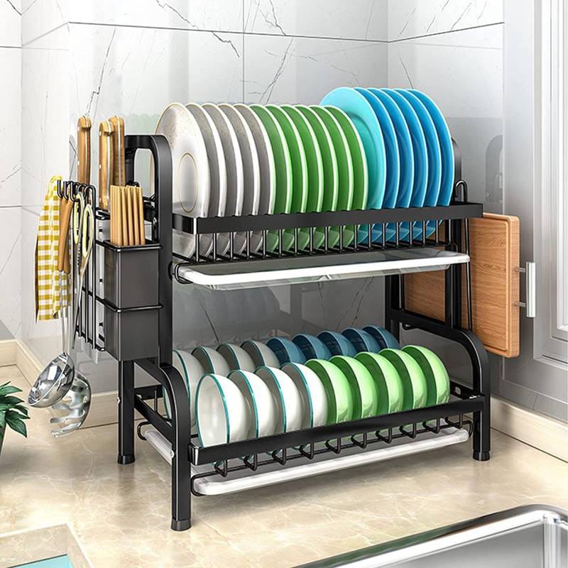 Double-Tier Dish Drainer, Kitchen Dish Storage Rack with Drain Tray - Black🎉Made of high-quality metal with excellent rust resistance, the thickened frame and weighted steel wire provide strong load-