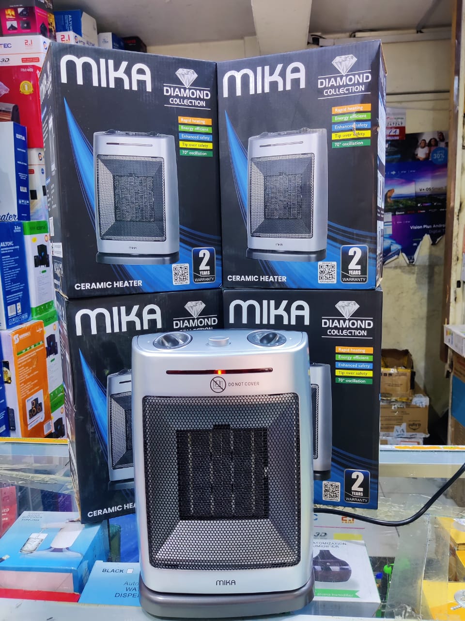 Mika Ceramic Heater 750W – 1500W – (MH201)°Heater with 2 settings 750W – 1500W.
°Fan Heater Combo – Can be used as a fan or heater..
°Thermostatic control – For auto-shutoff
°Tip-over safety switch –