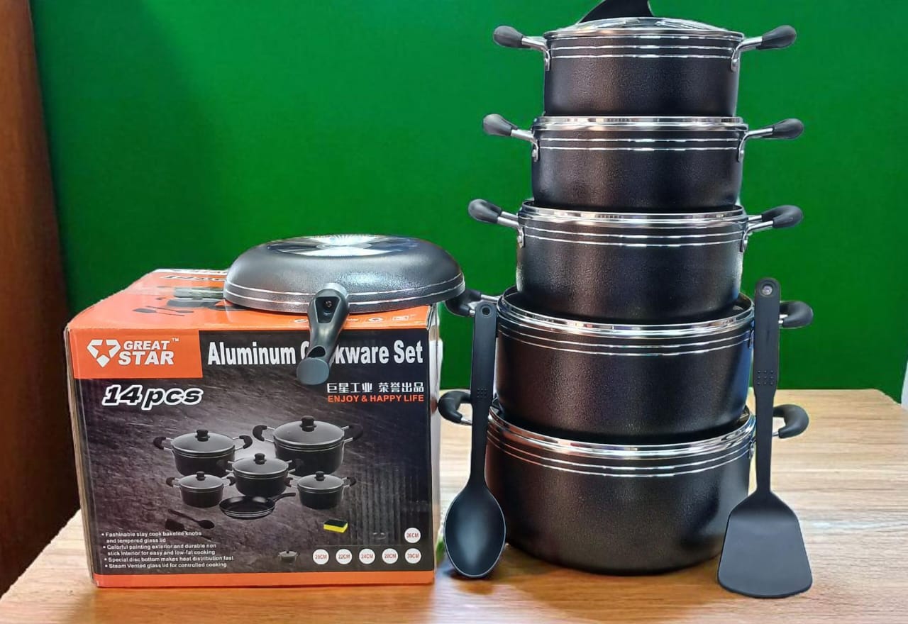 🔹️SUPER PERFORMANCE 🔹️Great star14pcsv(tc model) non-stick sufuria cookware set🥢. It is light and easy to maintain with protective layer added to make it less reactive and more scratch resistant.