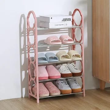PORTABLE Shoe Rack For 10 Pairs 5 Layer -Material: PP plastic+8.6 galvanized pipe
5 layers 
Size: 42*19*71cm
Easy to assemble
Free assembly for boots
Stand high off the ground to prevent moisture effe