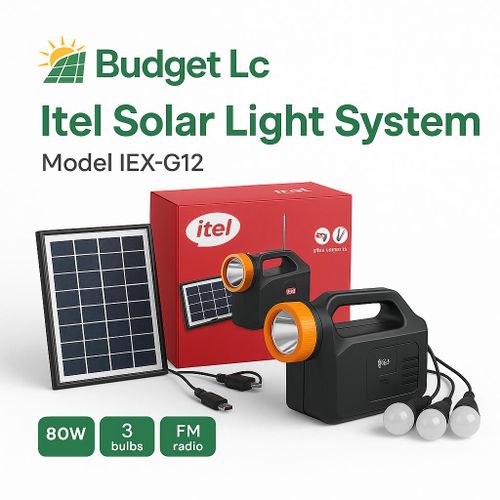 🔥🌱Itel Solar Lighting System 80W Portable Solar Lamp with Panel, 3 Bulbs, Radio, Bluetooth Speaker and Mobile Charging.Brand/Model: itel IEX-G12
System Power: 80W
Lighting Options: Main handheld tor
