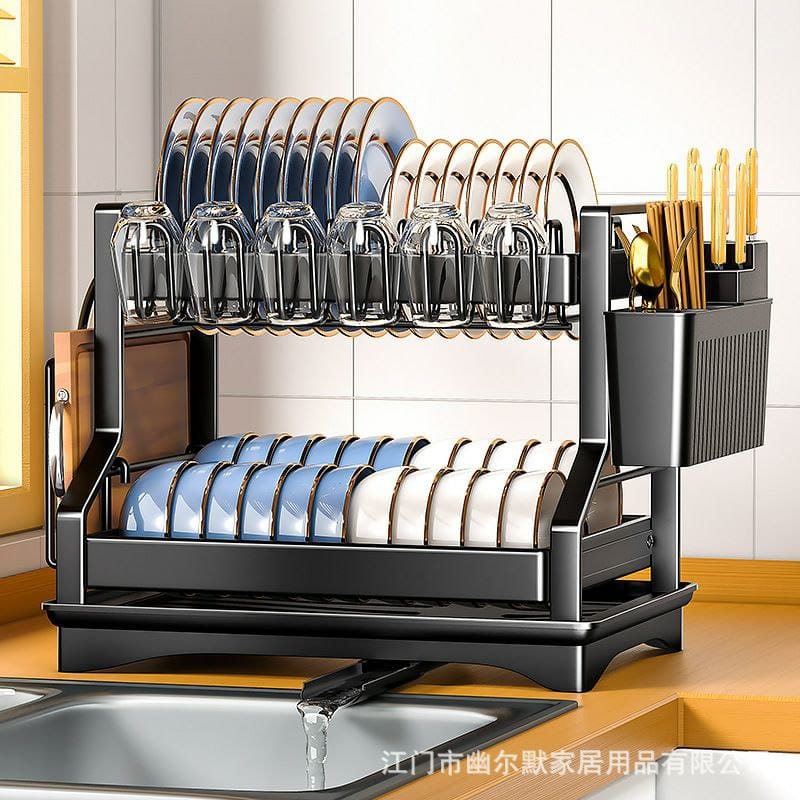 😶‍🌫️L-Classy high quality dish rack 🎇designed with a plate rack, bowl rack, utensil holder, cup holder and cutting board holder. You can store up to 11 plates, 18 bowls, 6 cups or glasses, 1 cuttin