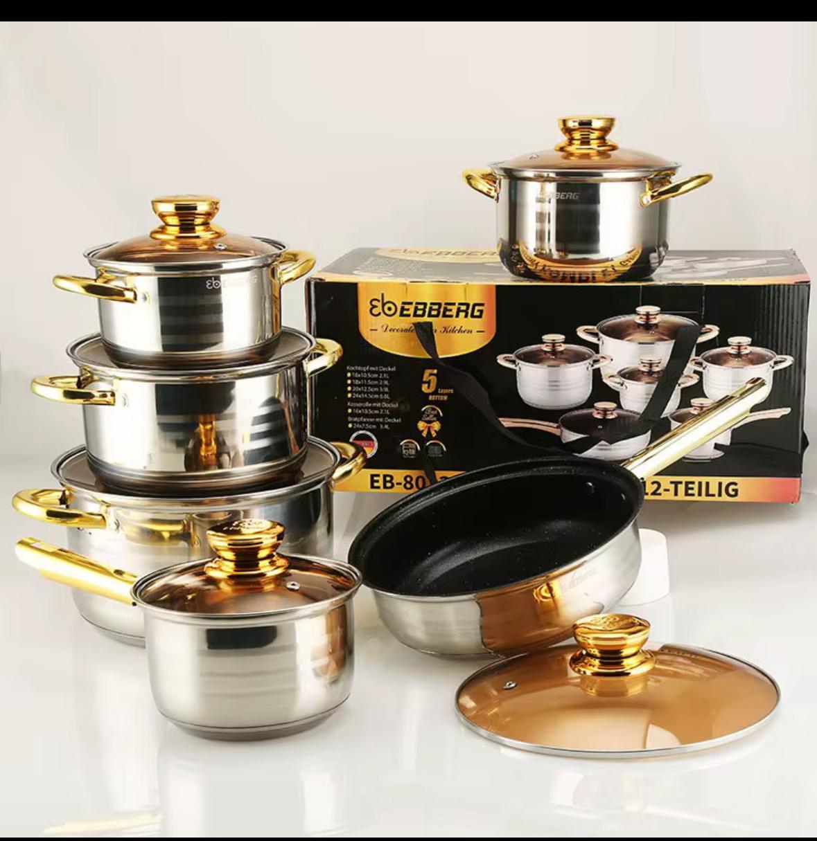 12 pcs Edenberg cookware heavy duty stainless steel Cookware set Durable non-stick interior for easy cleaning and cooking. The set is superior scratch resistance and has total non-stick interior that
