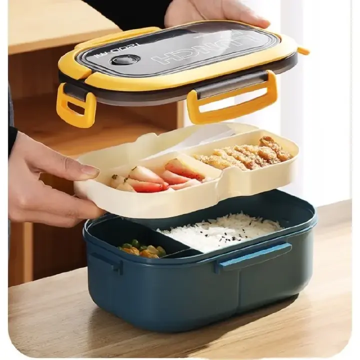 New Double-Layered Leak-Proof Big Bento Lunch Box with Cutlery Set 1200ml Capacity Microwave Safe Dishwasher safe