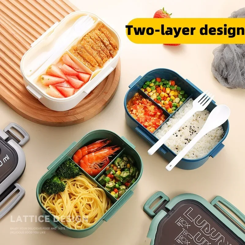 New Double-Layered Leak-Proof Big Bento Lunch Box with Cutlery Set 1200ml Capacity Microwave Safe Dishwasher safe