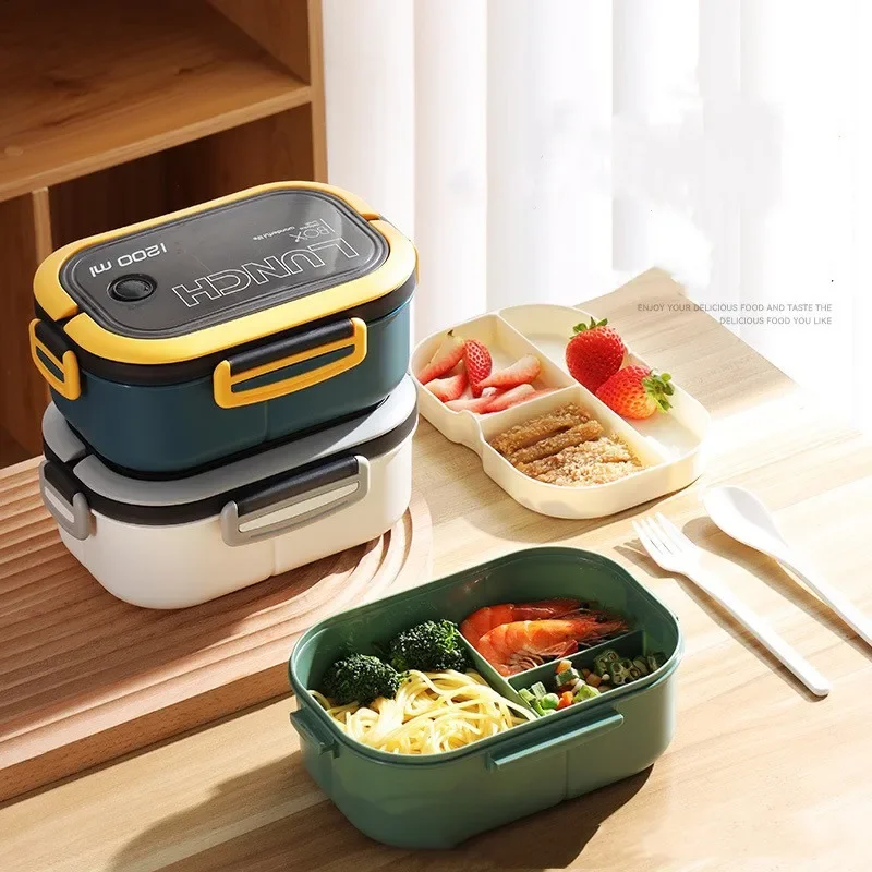 New Double-Layered Leak-Proof Big Bento Lunch Box with Cutlery Set 1200ml Capacity Microwave Safe Dishwasher safe