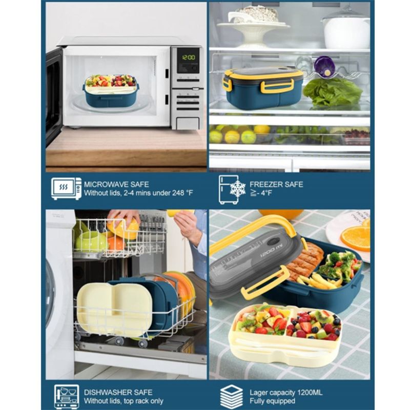 New Double-Layered Leak-Proof Big Bento Lunch Box with Cutlery Set 1200ml Capacity Microwave Safe Dishwasher safe