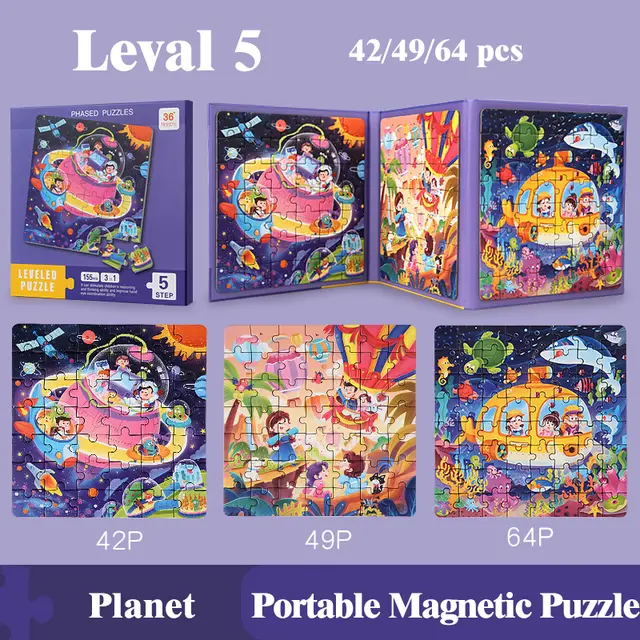 Keep little hands busy and minds sharp with our 3 IN 1 Portable MAGNETIC JIGSAW Puzzle Sets! Designed for kids aged 3+, this set includes 3 engaging PHASED Puzzles—perfect for building skills
