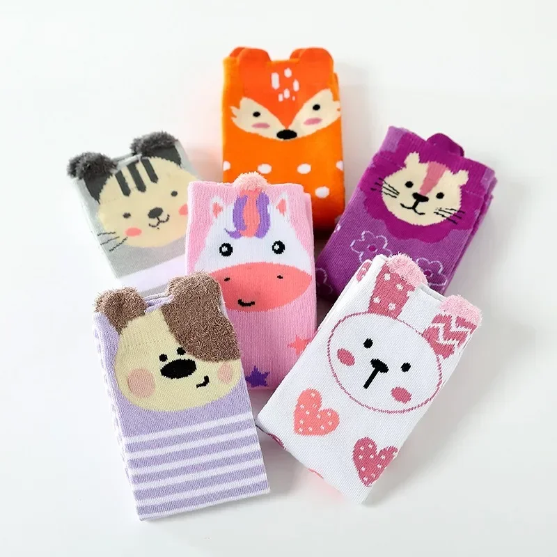 6 Pairs Girls Over the Knee/Calf Thick Cotton Socks with Cartoon Faces