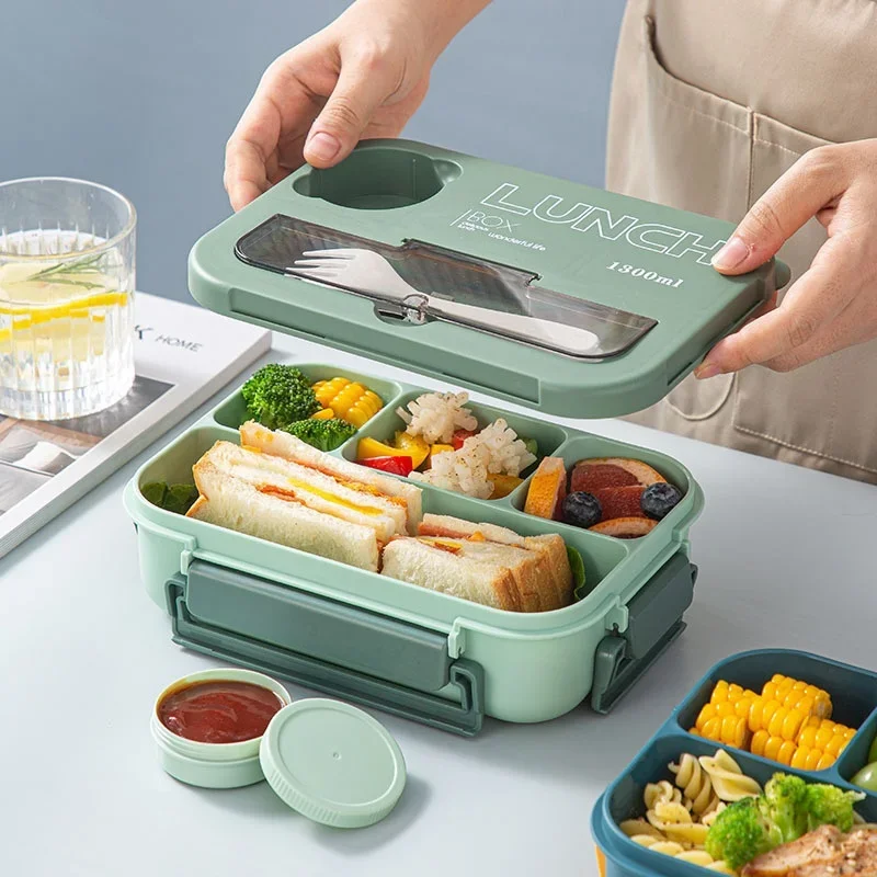 4 Compartmet 1300ML Leakproof Bento Luch Box with a Suace Lid & Cutlery Set - BPA Free Microwave & Dishawasher Safe For Students Office Picnics