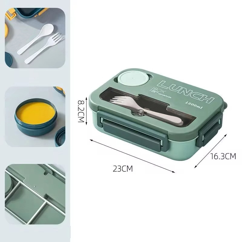 4 Compartmet 1300ML Leakproof Bento Luch Box with a Suace Lid & Cutlery Set - BPA Free Microwave & Dishawasher Safe For Students Office Picnics