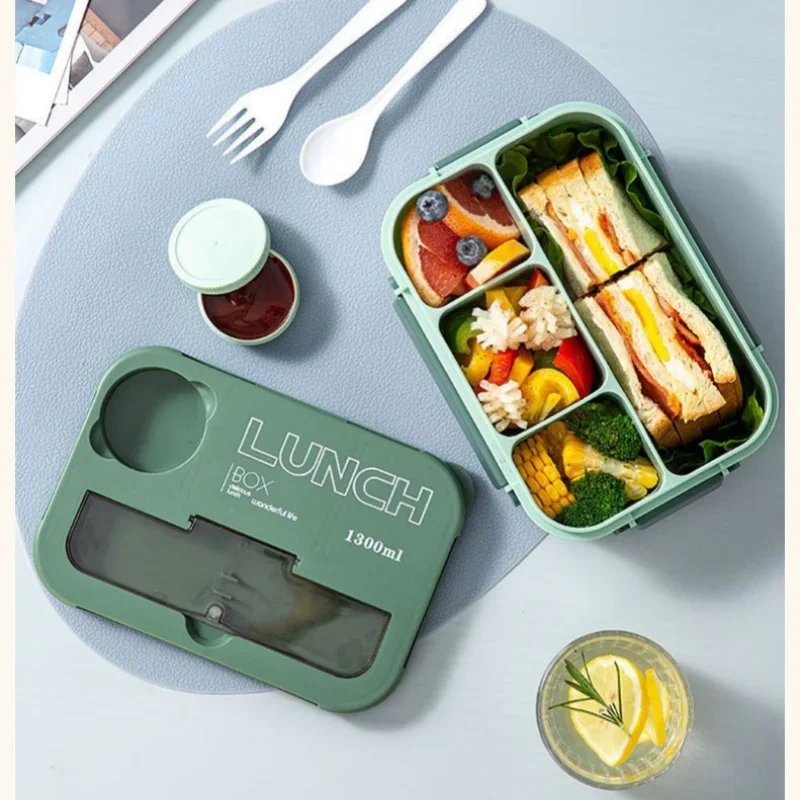 4 Compartmet 1300ML Leakproof Bento Luch Box with a Suace Lid & Cutlery Set - BPA Free Microwave & Dishawasher Safe For Students Office Picnics