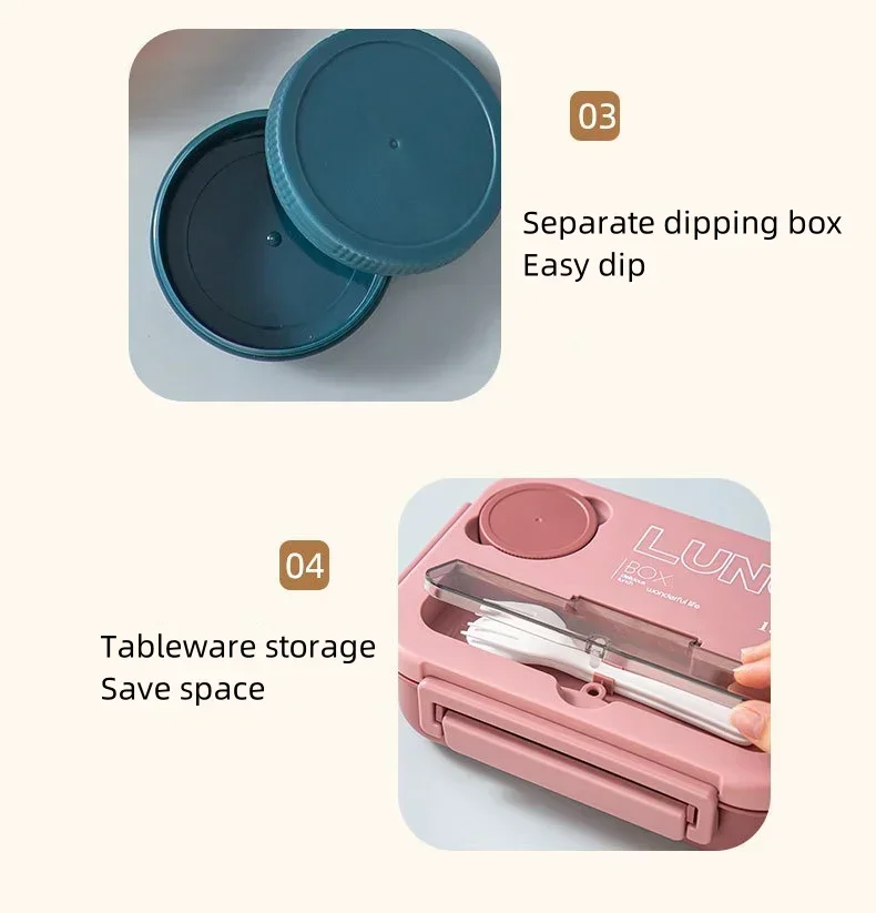 4 Compartmet 1300ML Leakproof Bento Luch Box with a Suace Lid & Cutlery Set - BPA Free Microwave & Dishawasher Safe For Students Office Picnics