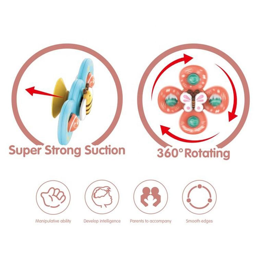 3 Piece Spinning Developmental & Sensory Fidget Toys with Suction 6M+ Travel Friendly 
Sticks to Tiles, Glass and ABS
 BPA Free