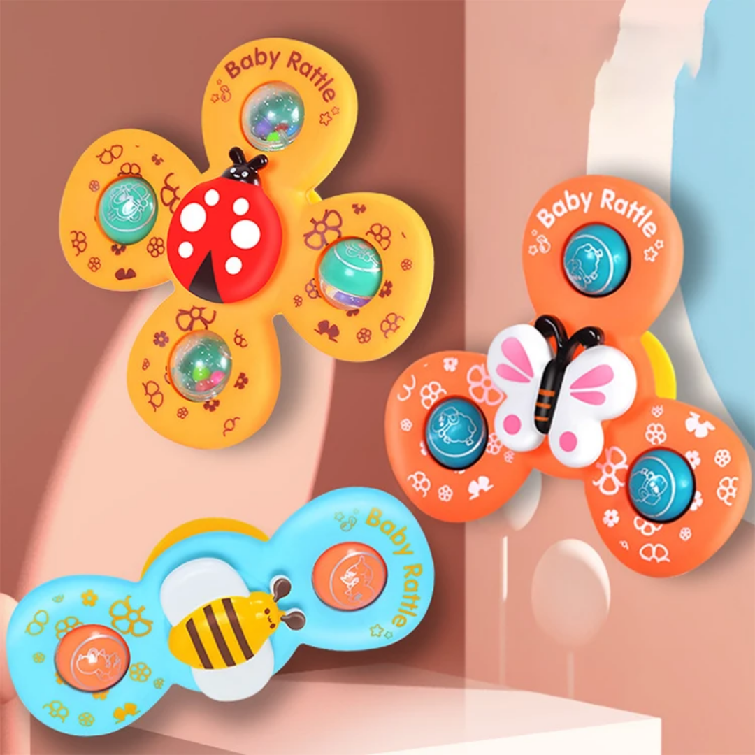 3 Piece Spinning Developmental & Sensory Fidget Toys with Suction 6M+ Travel Friendly 
Sticks to Tiles, Glass and ABS
 BPA Free