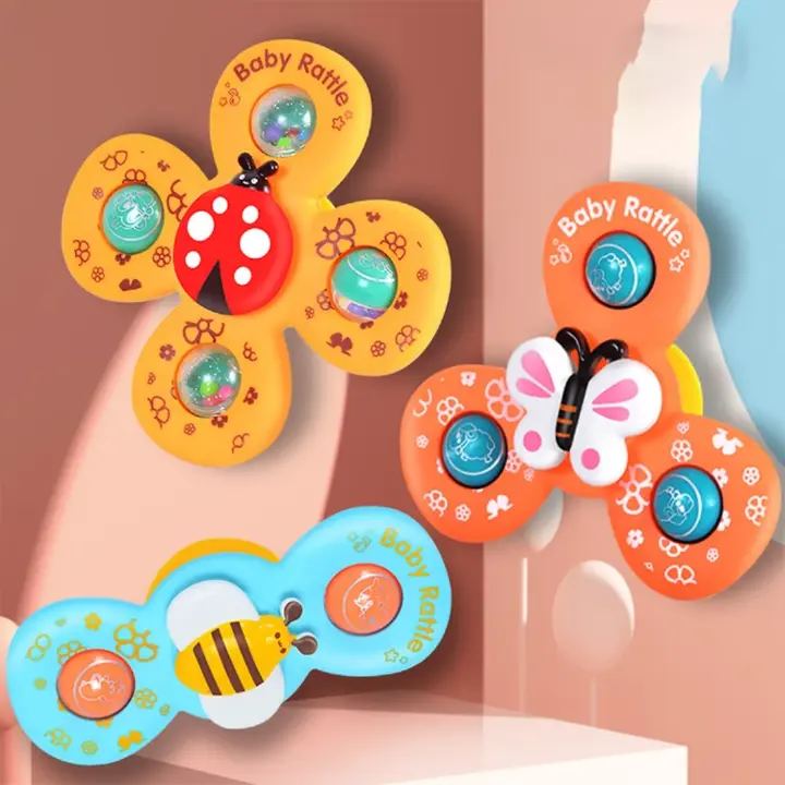 3 Piece Spinning Developmental & Sensory Fidget Toys with Suction 6M+ Travel Friendly 
Sticks to Tiles, Glass and ABS
 BPA Free