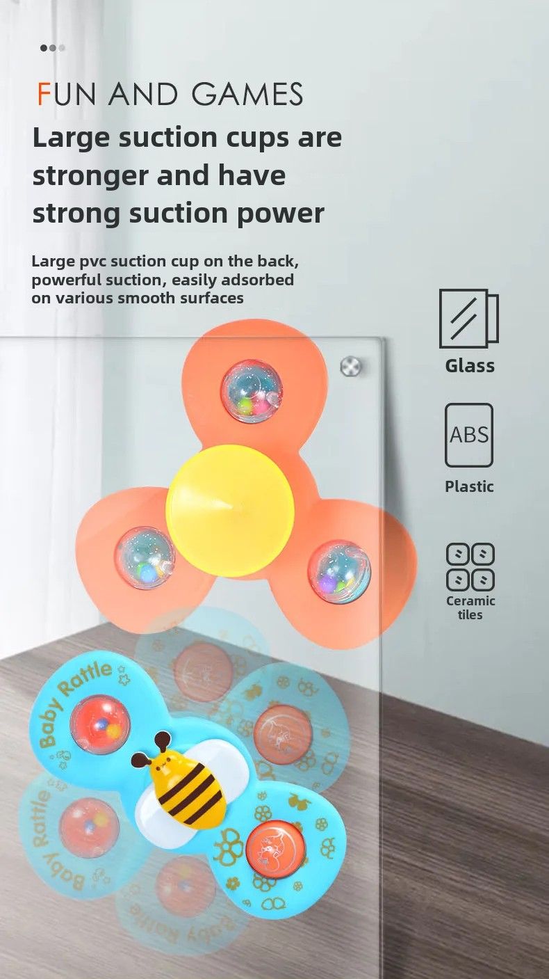 3 Piece Spinning Developmental & Sensory Fidget Toys with Suction 6M+ Travel Friendly 
Sticks to Tiles, Glass and ABS
 BPA Free