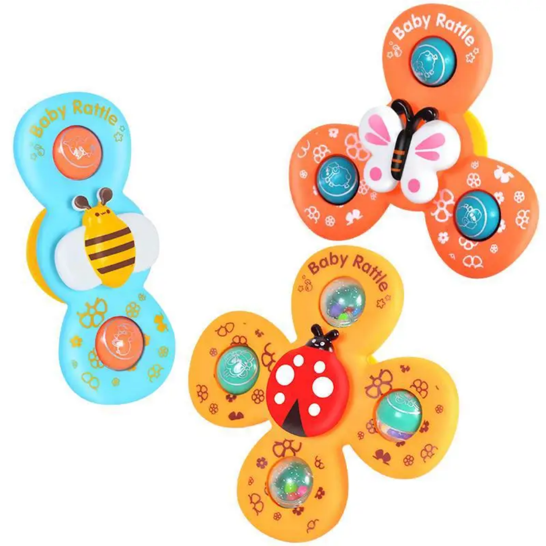 3 Piece Spinning Developmental & Sensory Fidget Toys with Suction 6M+ Travel Friendly 
Sticks to Tiles, Glass and ABS
 BPA Free