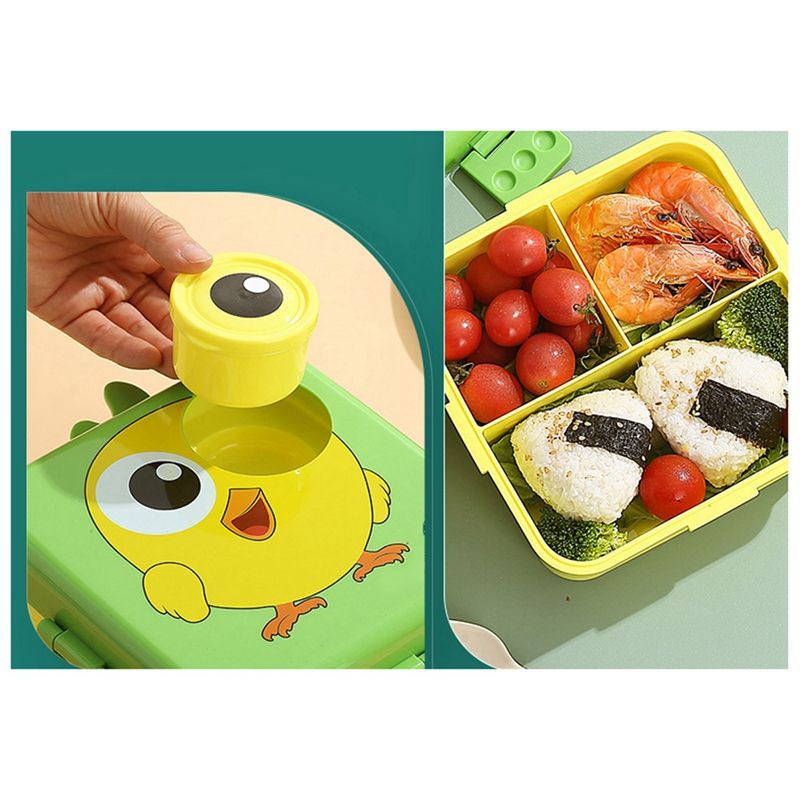 Super Chicken 3D Double Layer Leakproof BPA Free Kids Lunch Box with Spoon and Sauce Container Pink/Blue Green/Yellow