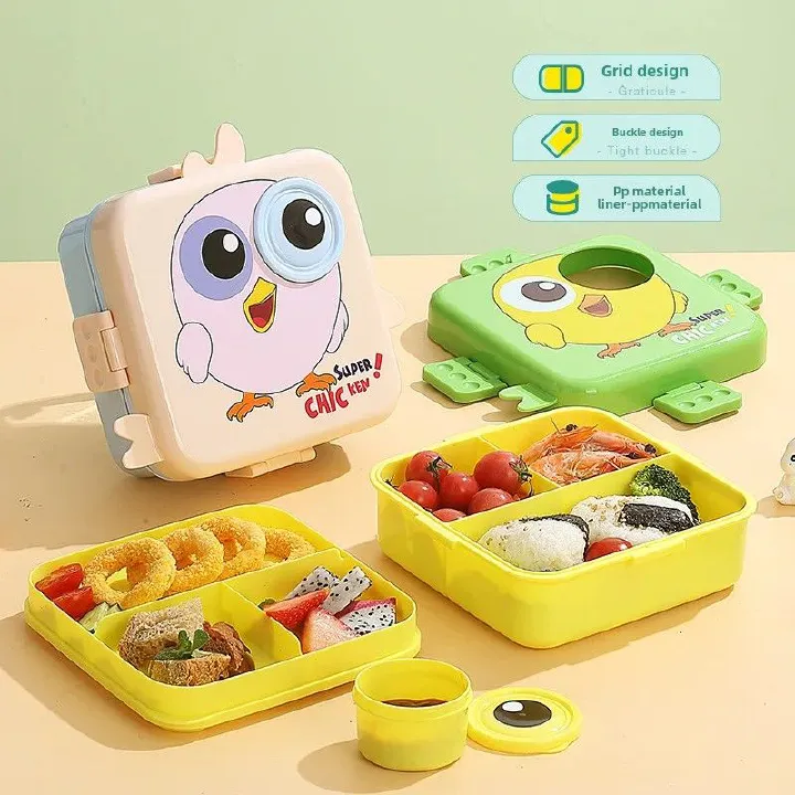 Super Chicken 3D Double Layer Leakproof BPA Free Kids Lunch Box with Spoon and Sauce Container Pink/Blue Green/Yellow
