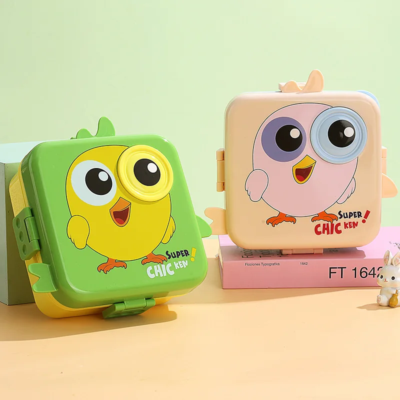 Super Chicken 3D Double Layer Leakproof BPA Free Kids Lunch Box with Spoon and Sauce Container Pink/Blue Green/Yellow