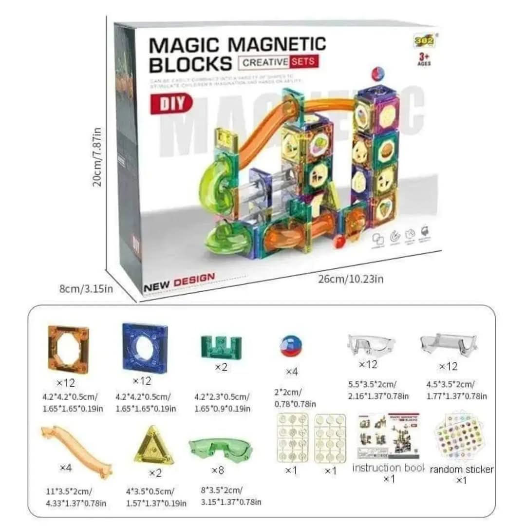 94-Piece Magic Magnetic Marble Run Blocks Set with Slides, Balls & Tiles – STEM Educational Toy for Kids Ages 3 - 7 Years
Includes Blocks, Connectors, Runs, Balls and Stickers
