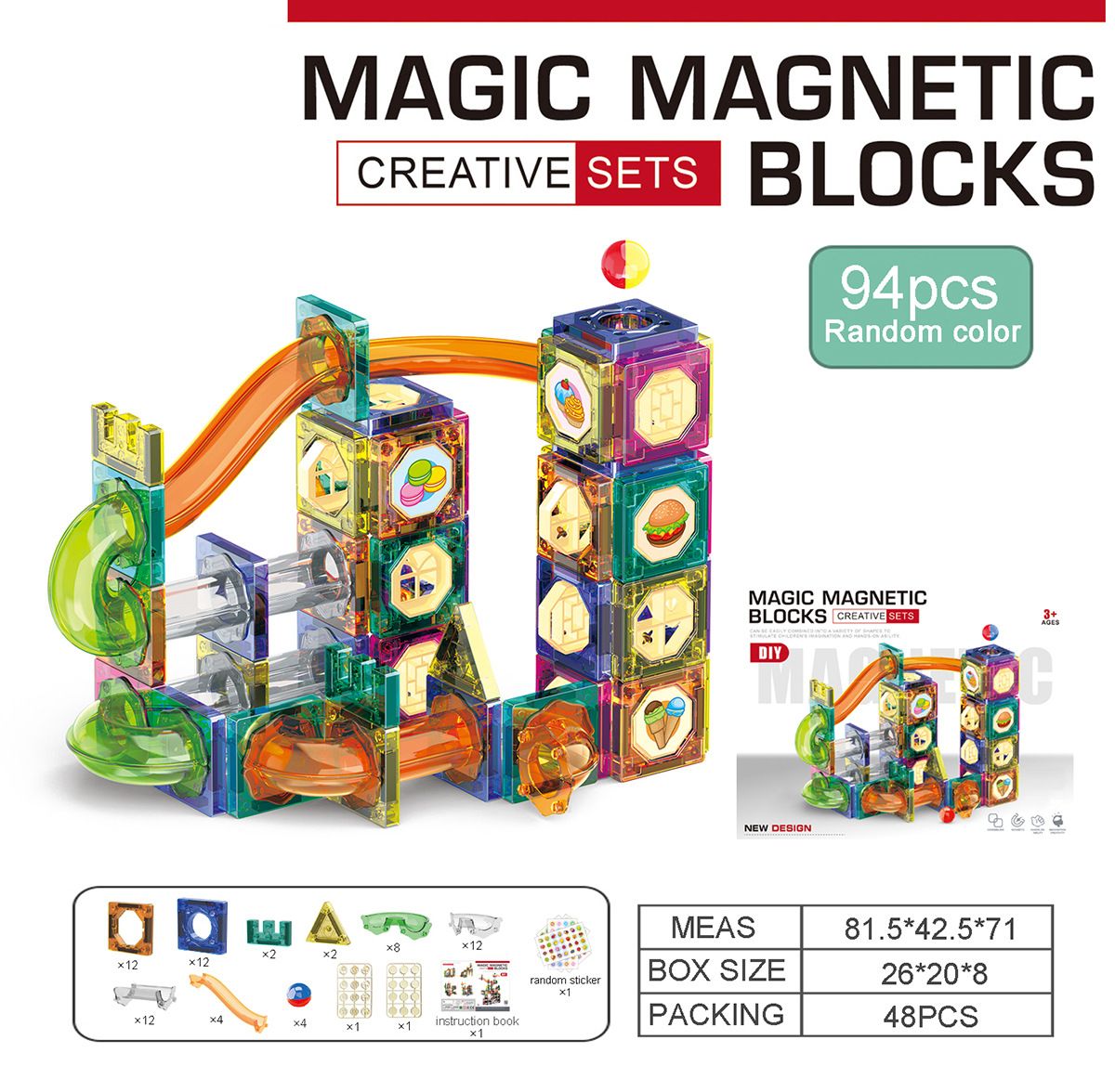 94-Piece Magic Magnetic Marble Run Blocks Set with Slides, Balls & Tiles – STEM Educational Toy for Kids Ages 3 - 7 Years
Includes Blocks, Connectors, Runs, Balls and Stickers