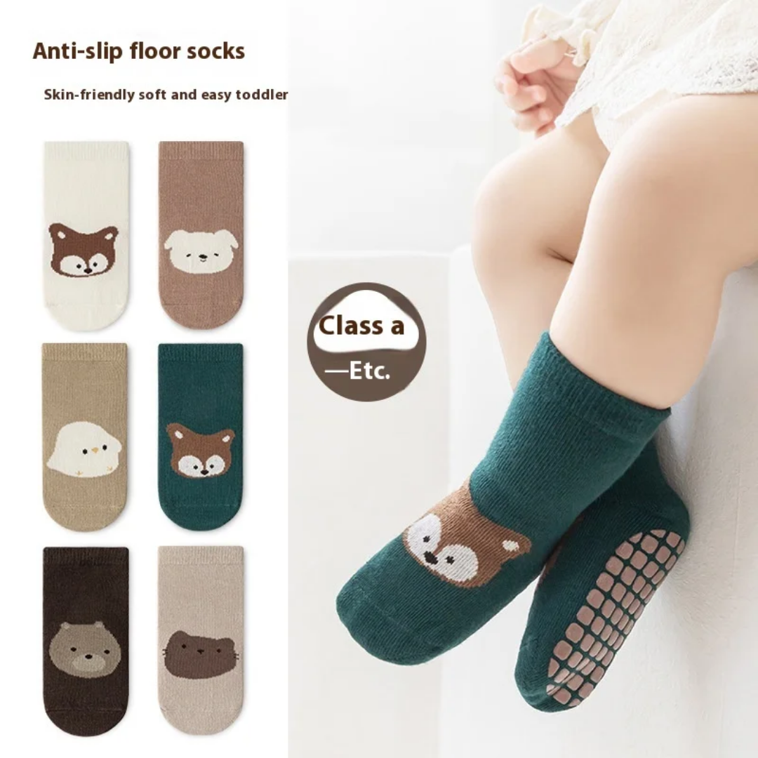 Keep tiny toes cozy, safe, and stylish with our 5 Pairs Baby Anti-Skid Socks. Designed with love for little explorers, these socks feature adorable animal faces that bring joy to every step. For 0-5 Y