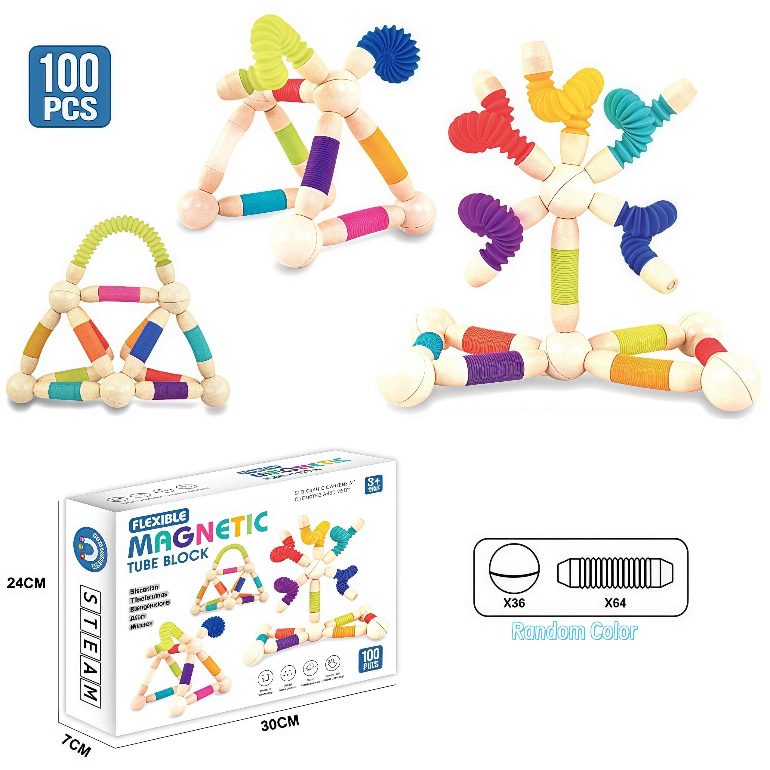 100PCS Flexible Magnetic Tube Block Set – STEM & Sensory Learning Toy for Ages 3+