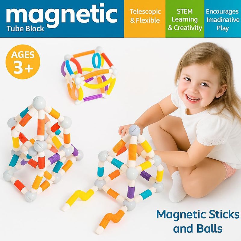 100PCS Flexible Magnetic Tube Block Set – STEM & Sensory Learning Toy for Ages 3+