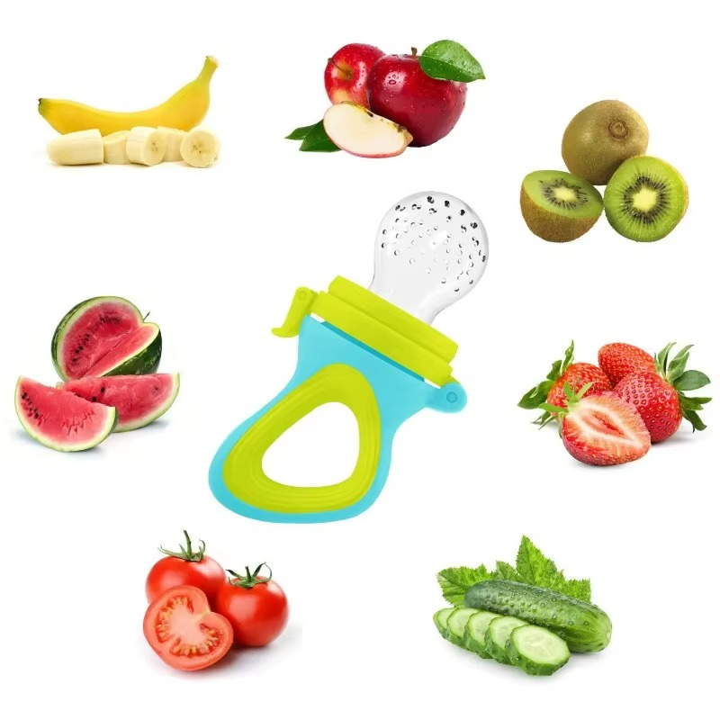 11-piece baby feeding set includes 2 fruit feeders that also act as pacifiers, 6 silicone nipples, and 1 squeeze spoon feeder. BPA-free, soft, and perfect for safe weaning and teething relief.