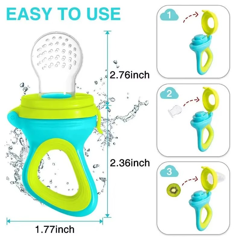 11-piece baby feeding set includes 2 fruit feeders that also act as pacifiers, 6 silicone nipples, and 1 squeeze spoon feeder. BPA-free, soft, and perfect for safe weaning and teething relief.