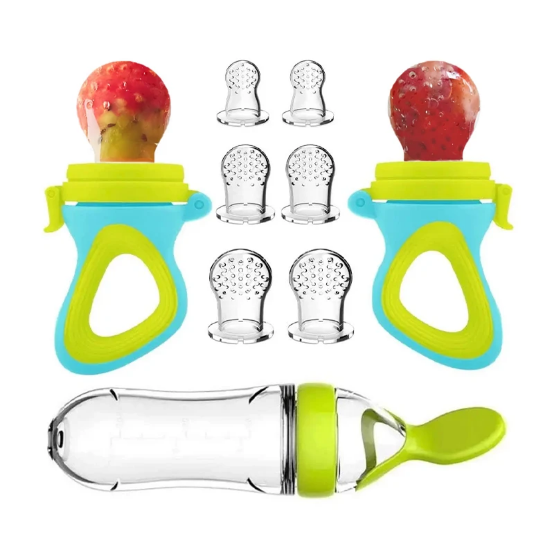 11-piece baby feeding set includes 2 fruit feeders that also act as pacifiers, 6 silicone nipples, and 1 squeeze spoon feeder. BPA-free, soft, and perfect for safe weaning and teething relief.