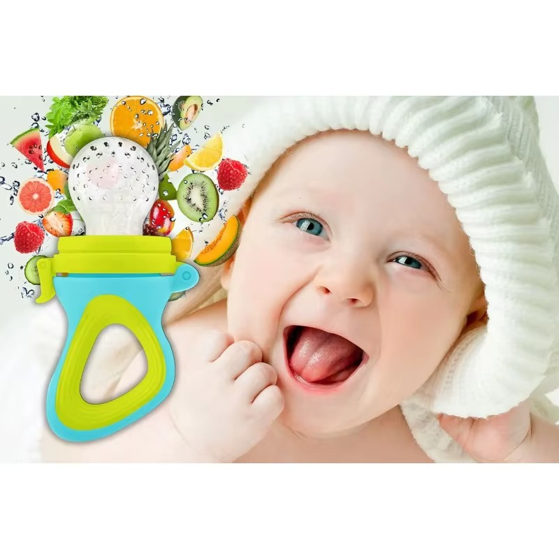 11-piece baby feeding set includes 2 fruit feeders that also act as pacifiers, 6 silicone nipples, and 1 squeeze spoon feeder. BPA-free, soft, and perfect for safe weaning and teething relief.